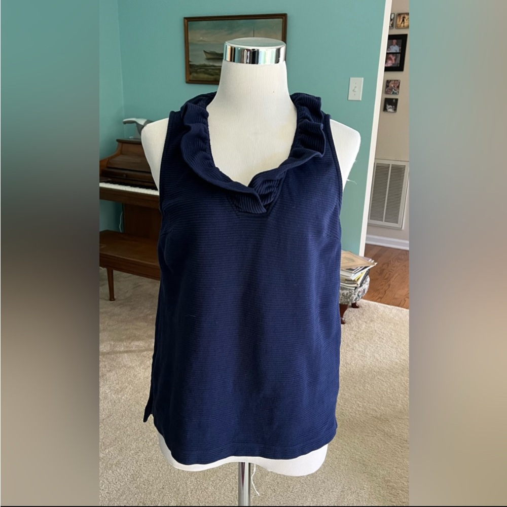 Crown & Ivy Women’s Navy Blue Ribbed Tank Top w/ Ruffled Neck - Size S - VGUC